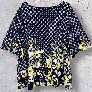 Charter Club Plus Size 3X Tunic Top Navy Blue Geometric Yellow Floral 3/4 Sleeve